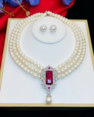 Bộ Ngọc Trai Trắng Sang Trọng  Ngọc chuỗi 8li , hoa tai chế tác bạc