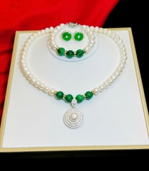 Bộ Ngọc Trai Trắng Phối Cẩm Thạch Sang Trọng  Ngọc chuỗi 8li  hoa tai và mặt chế tác bạc