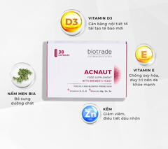 Viên uống hỗ trợ giảm mụn, kiềm dầu Biotrade Acnaut Food Supplement Hộp 30 viên