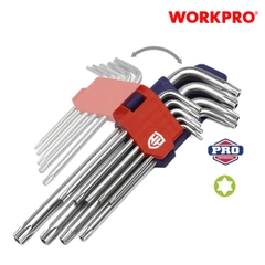 Bộ lục giác đầu hình sao kiểu chữ L, loại trung 9 cái (T10,T15,T20,T25,T27,T30, T40, T45, T50) thép hợp kim CR-V Workpro - WP222002