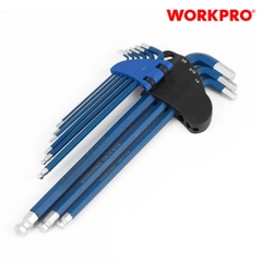 Bộ lục giác đầu bi kiểu L, 9 cái hệ mét (1.5,2,2.5,3,4,5,6,8,10mm) thép hợp kim CR-V Workpro - WP222011
