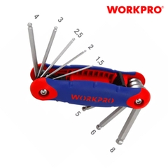 Bộ lục giác đầu bi, kiểu gấp tôm tích, 8 cái hệ mét (1.5,2,2.5,3,4,5,6,8mm), thép hợp kim CR-V Workpro - WP222020