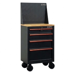 Tủ đồ nghề CSPS 61cm - 04 hộc kéo màu đen tay cầm đỏ, bánh xe, mặt ván gỗ, vách lưới