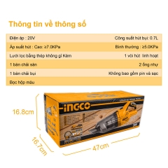 Máy Hút Bụi Dùng Pin INGCO 20V 0,7L CVLI2001 thông số kỹ thuật