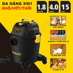 Máy hút bụi 3 chức năng - Khô/Ướt/Thổi Stanley USA - SL19301P-4A. Công suất 1.8HP, dung tích 15l.
