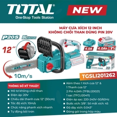 Máy cưa xích 12inch không chổi than dùng pin 20V Total TGSLI201262