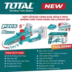 Máy cắt/ cưa cành (cưa xích) 5inch không chổi than dùng pin Lithium 20V Total TGSLI20561