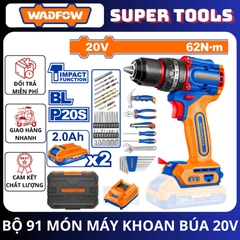 Bộ 91 Món Máy Khoan Búa Nhỏ Gọn Không Chổi Than Dùng Pin 20V-62Nm (kèm 2 Pin 2.0Ah ) WADFOW WDT4B91