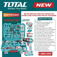 Bộ 166 món bao gồm máy khoan búa không chổi than dùng pin 20V Total TIDLI20668 THKTHP41667