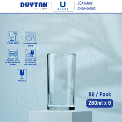 Bộ 6 Ly cốc thủy tinh U Glass 260ml kiểu lỡ đáy bằng - BUG305