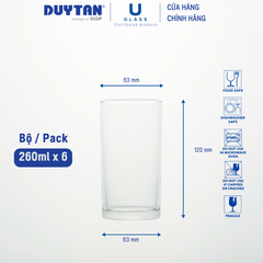 Bộ 6 Ly cốc thủy tinh U Glass 260ml kiểu lỡ đáy bằng - BUG305