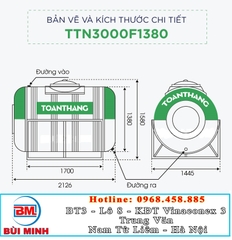 Bồn nước inox Toàn Thắng 3000L Ngang TN3000F1380