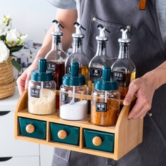🔴OUTLET | Bộ Hộp Đựng Gia Vị Gốm Sứ Xanh Ngọc Lục Bảo | Kèm Kệ Gỗ & Bình Đựng Dầu Thuỷ Tinh Cao Cấp