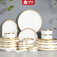 🔴OUTLET | Chén, bát, tô, đĩa sứ xanh ngọc lục bảo viền vàng phong cách Bắc Âu cao cấp