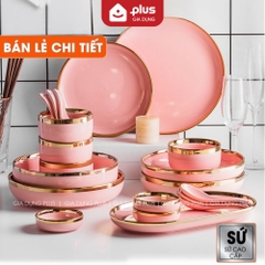 🔴OUTLET | Chén chấm, chén cơm, tô bát & đĩa sứ màu hồng phấn, hồng vân đá cao cấp phong cách Bắc Âu