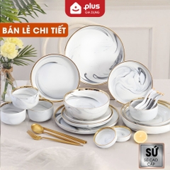 🔴OUTLET | Chén chấm, chán ăn cơm, tô bát & đĩa sứ màu trắng vân đá viền vàng sang trọng phong cách Bắc Âu