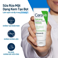 Sữa Rửa Mặt Cerave 2 In 1 Dạng Kem Tạo Bọt Cho Da Thường, Khô Hydrating Cream-to-Foam Cleanser 100ml