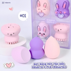 Set 3 Mút Trang Điểm Habaria Rabbits Love (Kèm Miếng Rửa Mặt Bạch Tuộc)