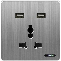 Bộ ổ cắm 3 chấu đa năng và 2 USB màu ghi S300 Uten (S300GZ13/2NU)