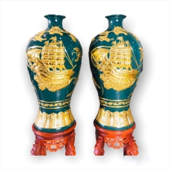 Bình trang trí dát vàng xanh ngọc bích vẽ thuyền-BTV05