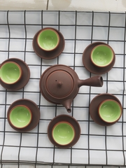 Bộ ấm chén tay chuôi ganh nâu (gốm đất đỏ)