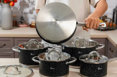 BỘ NỒI CHẢO TỪ 9 ĐÁY VÂN ĐÁ CAO CẤP 5 MÓN AMEY AM990