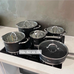BỘ NỒI CHẢO TỪ 9 ĐÁY VÂN ĐÁ CAO CẤP 5 MÓN AMEY AM990