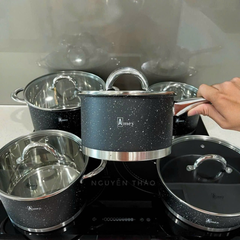 BỘ NỒI CHẢO TỪ 9 ĐÁY VÂN ĐÁ CAO CẤP 5 MÓN AMEY AM990