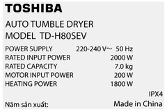 Máy sấy thông hơi Toshiba 7 kg TD-H80SEV(WK)