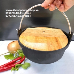 nồi gang chống dính nắp gỗ  - nồi gang nấu cháo ếch