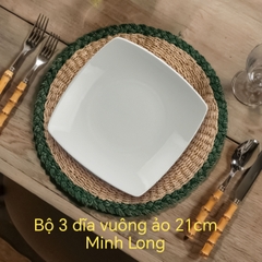 Bộ 3 dĩa vuông ảo 21cm trắng gốm sứ Minh Long
