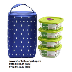 bộ 04 hộp cơm thủy tinh lock&lock 410ml kèm tui giữ nhiệt- hộp thủy tinh lock&lock 410ml