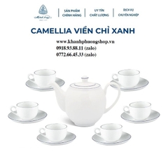 bộ ấm trà sứ Minh Long viền chỉ xanh dương - bộ ấm trà gốm sứ Minh Long viền xanh dương