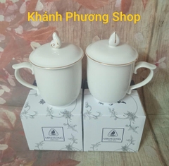 Ca trà mẫu đơn trắng gốm sứ Minh Long nắp viền vàng