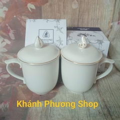 Ca trà mẫu đơn trắng gốm sứ Minh Long nắp viền vàng