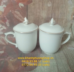 Ca trà mẫu đơn trắng gốm sứ Minh Long nắp viền vàng