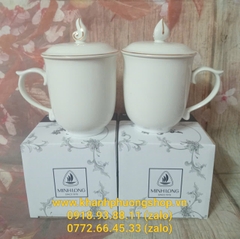 Ca trà mẫu đơn trắng gốm sứ Minh Long nắp viền vàng