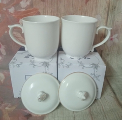 Ca trà mẫu đơn trắng gốm sứ Minh Long nắp viền vàng