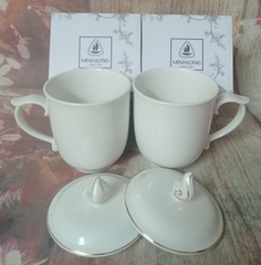 Ca trà mẫu đơn trắng gốm sứ Minh Long nắp viền vàng