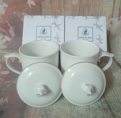 Ca trà mẫu đơn trắng gốm sứ Minh Long nắp viền vàng