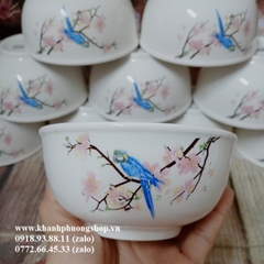 bộ 10 chén cơm sứ hoa đào hồng 11.5cm - chén cơm sứ hoa đào hình chim xanh