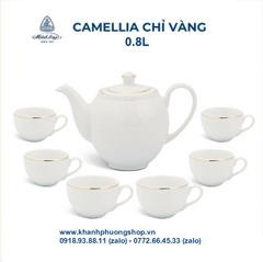 bộ ấm trà sứ trắng Minh Long viền vàng 0.8L - bộ ấm trà sứ Minh Long viền chỉ vàng