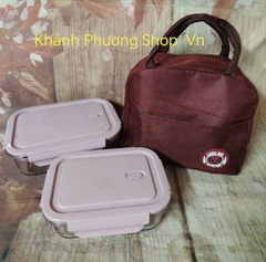 Bộ 2 hộp cơm thủy tinh chia 2 ngăn kèm túi giữ nhiệt