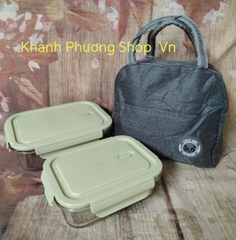 Bộ 2 hộp cơm thủy tinh chia 2 ngăn kèm túi giữ nhiệt