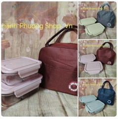 Bộ 2 hộp cơm thủy tinh chia 2 ngăn kèm túi giữ nhiệt