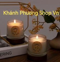 Set 2 ly thủy tinh đựng nến kèm đế gỗ tự nhiên