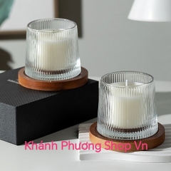 Set 2 ly thủy tinh đựng nến kèm đế gỗ tự nhiên