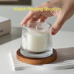 Set 2 ly thủy tinh đựng nến kèm đế gỗ tự nhiên