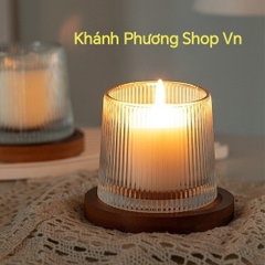 Set 2 ly thủy tinh đựng nến kèm đế gỗ tự nhiên