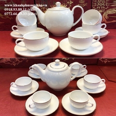 bộ ấm trà sứ trắng Minh Long viền vàng 0.8L - bộ ấm trà sứ Minh Long viền chỉ vàng